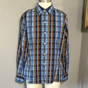 Foxcroft 10 Blue Brown Plaid Button Down Fitted Shirt Wrinkle Free